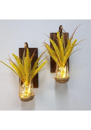 Duvar Dekoru, Led Işıklı, Sarı Cipso Çiçekli, Ceviz Aplik İkili Set