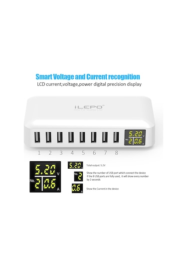 Yuntech01 8 Port Usb Şarj Aleti 40w 8a Lcd Ekranlı Akıllı Hızlı Şarj Cihazı 1.2m Kablolu Mini Avrupa Standartı