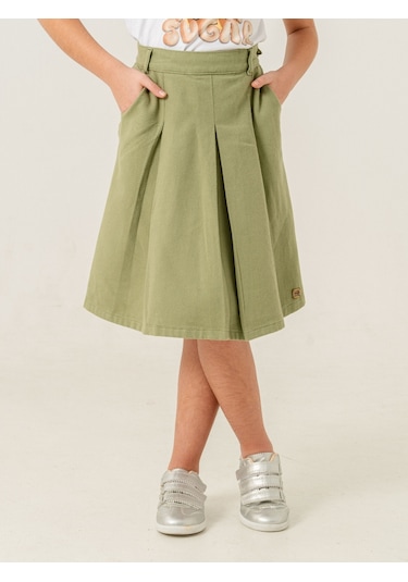 Kız Çocuk Gabardin Pileli Keten Etek 2958 Yeşil