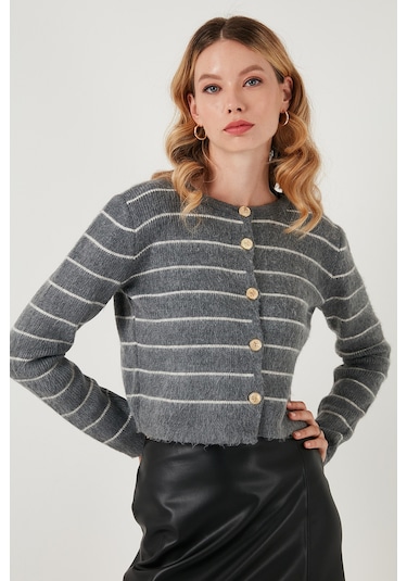Lela Standart Fit Çizgili Yumuşak Dokulu Crop Triko Bayan Hırka 4615551 Gri