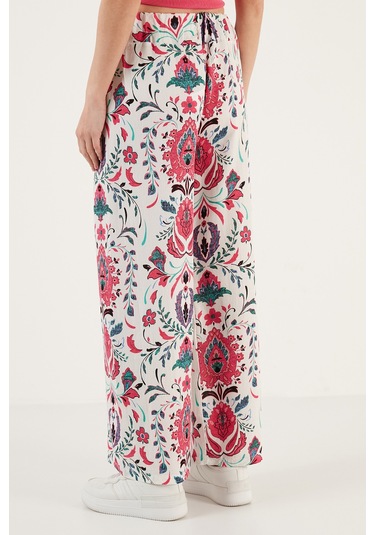 Lela Desenli Beli Lastikli Bol Paça Rahat Kesim Bayan Pantolon 5865217 Beyaz-Fuşya