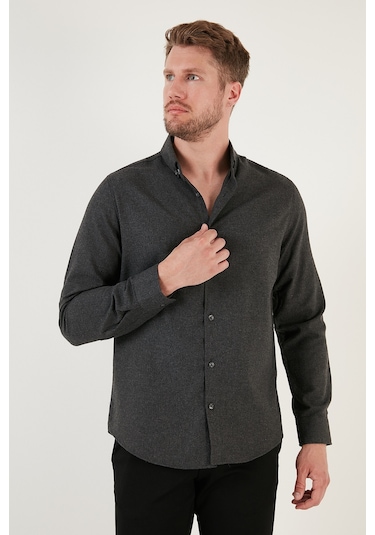 Buratti Pamuklu Regular Fit Düğmeli Yaka Kışlık Erkek Gömlek Cf24W127079 Antrasit