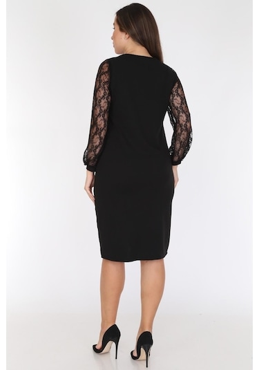 Uzun Kol Dantel Büyük Beden Elbise 21B-0780 Siyah