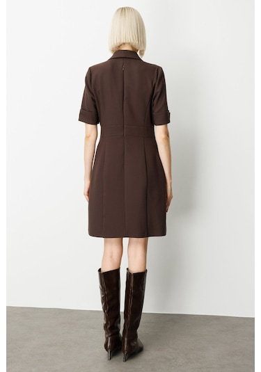 Ekol Kadın Kruvaze Yaka Süs Düğmeli Elbise 4017 Kahverengi Kahverengi