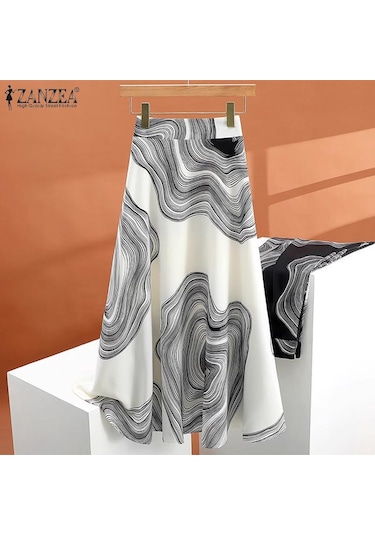 Zanzea Kadın Rahat Elastik Bel Yaz Baskılı Uzun Etekler Siyah