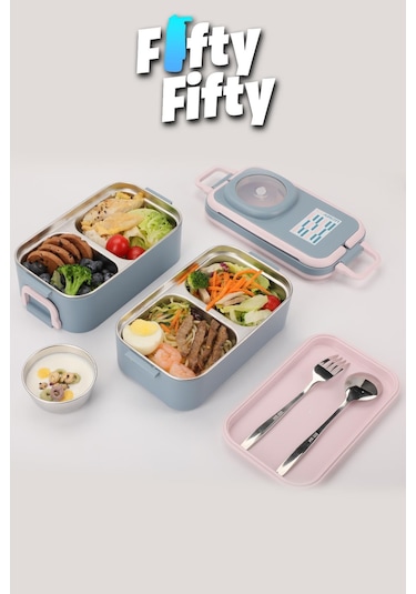 Uzspace 1200 Ml İki Kat Dört Bölme Paslanmaz Çelik Lunch Box Yeni Nesil Sefer Tası-sos Kaseli Model-fflbox8023 Pembe