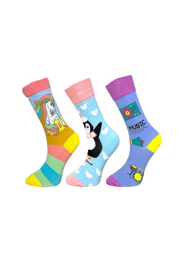 3'lü Unısex Unicorn, Penguen Ve Müzik Festivali Tasarımlı Esnek Nem Alabilen Pamuklu Spor Soket Çoraplar Çok Renkli