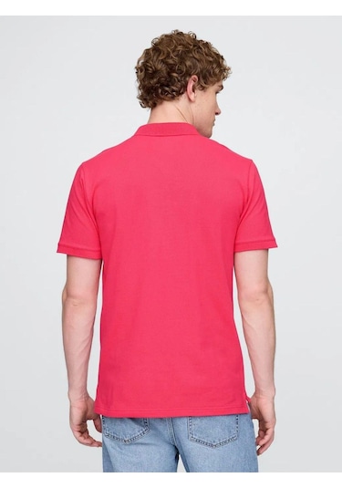 Logo Piqué Polo Yaka Erkek T-shirt Fuşya-7587 Fuşya