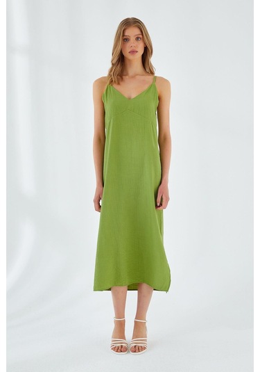 4252 Kadın İp Askılı V Yaka Elbise Fıstık Yeşili Fıstık Yeşili