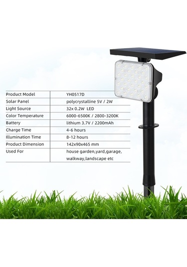 Moly Türkçe Led Spot Işığı, 32 Led, Güneş Enerjili, Ip65 Su Geçirmez, Ayarlanabilir Parlaklık, Duvar/yerde Montaj, 2200mah Pil, Bahçe Aydınlatması Diğer