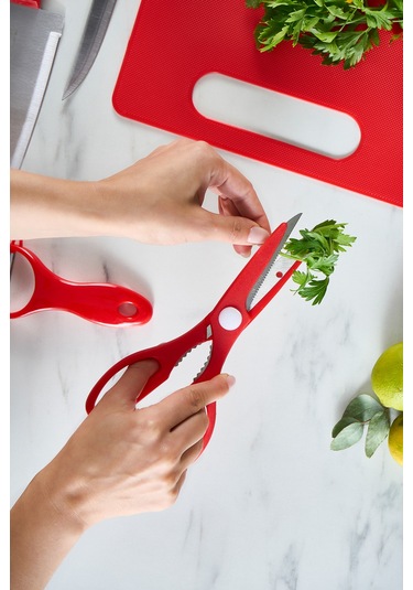 Karaca Sharp 6 Parça Kesme Tahtalı, Makaslı Bıçak Seti Kırmızı Kırmızı