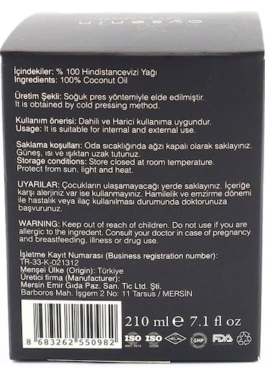 Aysenin  Hindistan Cevizi Yağı / Coconut Oil 210  ML.