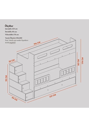 Buket Mdf Çelik Profilli Yavrulu Ranza Beyaz M2