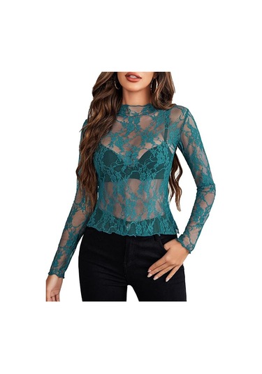 Kadın File Üst Uzun Kollu Balıkçı Yaka Şeffaf Bluz Şeffaf Çiçek Dantel Üstler Yeşil