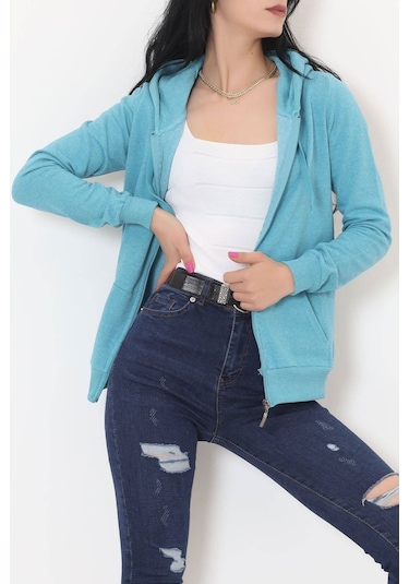 Buyers Butik - Kapşonlu Fermuarlı Sweat Petrol - 11866.108. 001