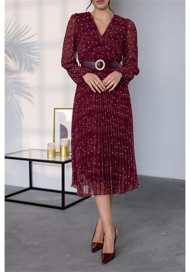 Neşeli Butik Kadın Kemerli Puantiye Desenli Şifon Elbise Nbmy3286 Bordo
