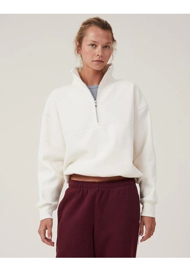 Oversize Yarım Farmuarlı Yakalı Basic Sweatshirt - Beyaz Beyaz