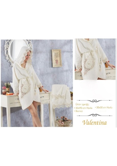 Valentina Güpürlü Gelin Bornoz Seti Balayı Bornozu Seti Ekru - Ekru