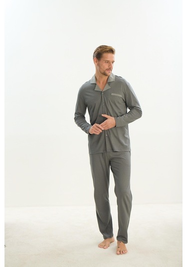 Erkek Uzun Kol Gömlek Yaka Önden Düğmeli Yeşil Pijama Takım C7t2n5o9 001
