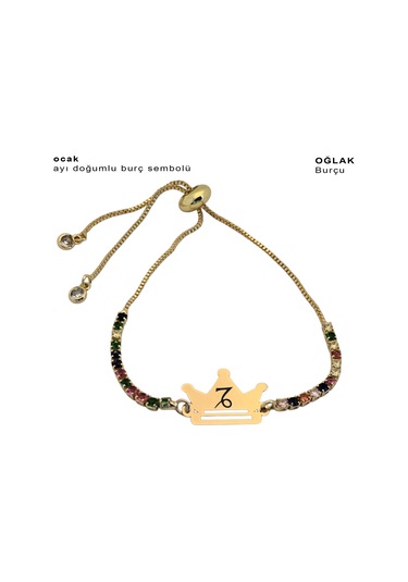 Ocak Ayı Doğumlarına Taç Motifli 14 Ayar Altın Plakalı Renkli Taş Desenli Hediye Bileklik-489ay Ocak