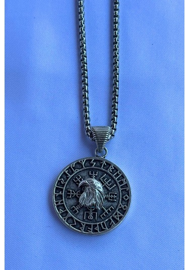 Kartal Vegvisir Pusula El İşçiliği Paslanmaz Çelik Zincir Erkek Kolye Gümüş