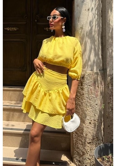 Crop Bluz Ve Kat Kat Etekli Takım 10207 Altın