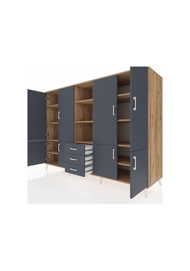 Kronos Dolap 11 Raflı 3 Çekmeceli 8 Kapaklı 220x59x163 Çam-antras Çam-antrasit