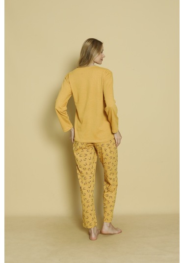 Kadın Penye Sıfır Yaka Uzun Kol Pijama Takımı Hardal Sarı