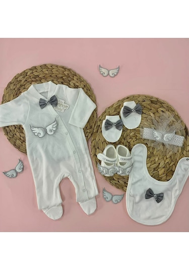 Aykor Tekstil Erkek Bebek Tulum  Set Yenidoğan Beyaz - Gri