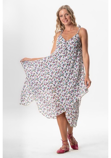 Askılı Vual Afrodit Midi Boy Yazlık Elbise Menekşe Beyaz 6242 Menekşe Beyaz