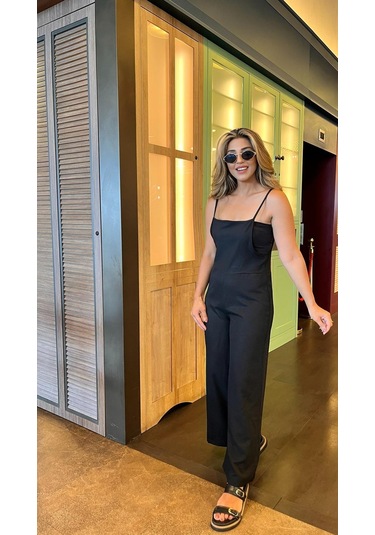 Soonaksesuar Kadın Askılı Yandan Fermuarlı Geniş Paçalı Valencia Tulum Siyah