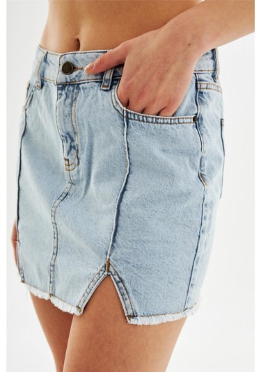 Kadın Pileli Yırtmaçlı Yüksek Bel Mini Kot Etek Açık Mavi-açık Mavi Açık Mavi