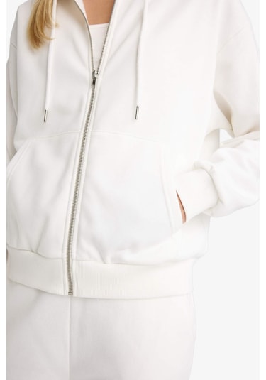 Defacto Relax Fit Kapüşonlu Basic Düz Kalın Fermuarlı Sweatshirt C1809ax25auer105 Ekru
