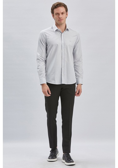 Gri Uzun Kollu Bez Ayağı Sert Yaka Cepsiz Pamuklu Klasik Slim Fit Dar Kesim Gömlek 1004240230 Gri