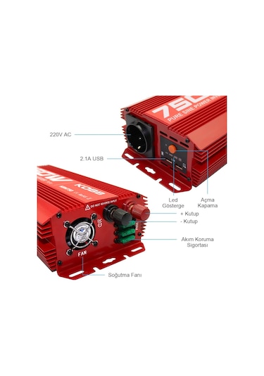 Kobb Kbn750 12V-220V 750Watt Tam Sinüs Dönüştürücü İnvertör