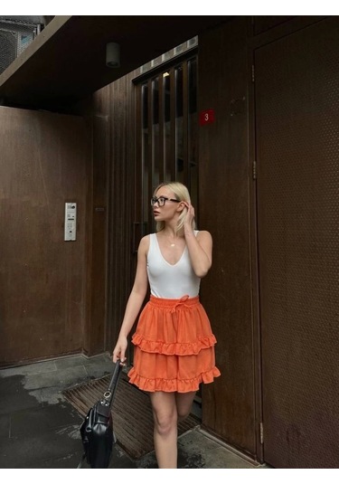 Bel Lastikli Kat Fırfır Detaylı Kısa Etek - Turuncu Turuncu