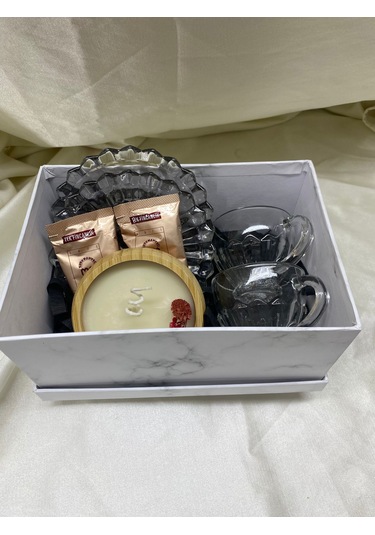 Türk Kahvesi Seti Hediye Kutusu 2 Cam Fincan, Sunum Tabağı, Mehmet Efendi Kahve Özel Hediye Seti -