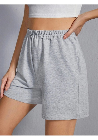 Penye Şort - Gri Basic Kısa Baskısız Kordonsuz Gri