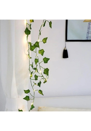 Qingmipy Yapay Tatlı Patates Yapraklı 2.2m 25 Işıklı Bakır Tel Dekoratif Oda Aydınlatma Yeşil