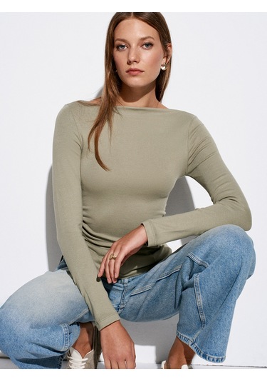 Dilvin 32198 Kayık Yaka Büzgülü Top-çağla Çağla