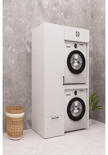 Mdf Çamaşır Makinesi Ve Kurutma Makinesi Dolabı Ütü Masalı Beyaz