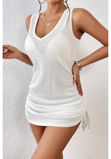 Angelsin Yandan Büzgülü Likralı Plaj Elbisesi Pareo Cover Up Kimono Beyaz