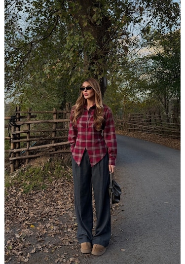 Kahverengi Bağlama Detaylı Ekoseli Gömlek - 25250 Kahverengi