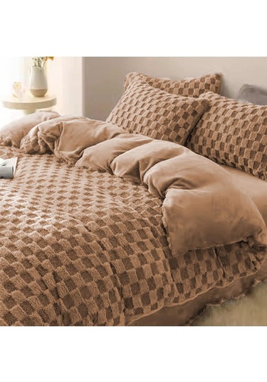 Evlen Home Çift Taraflı Kişilik Kürk Yorgan Uyku Seti Yumuşak Dolgulu Yatak Örtüsü 3 Parça Polo Kahverengi