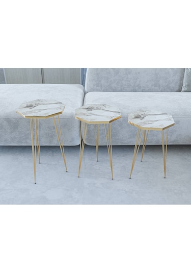 Zigon Sehpa 3'lü Sekizgen Takım Altın Tel Ayaklı Beyaz Mermer-Gold