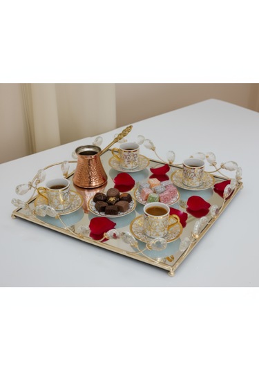 2 Li Gold Renk Aynalı Dekoratif Tepsi Seti Beyaz- BB030