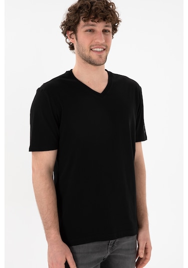 U.S. Polo Assn. Erkek Regular Fit  V Yaka Siyah Basic Tişört 50305858-VR046