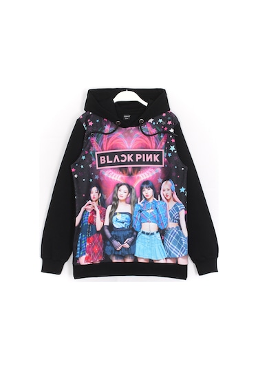 BlackPink Korean Pop Grup Dijital Baskı Kız Çocuk Siyah Renk Kapü Siyah