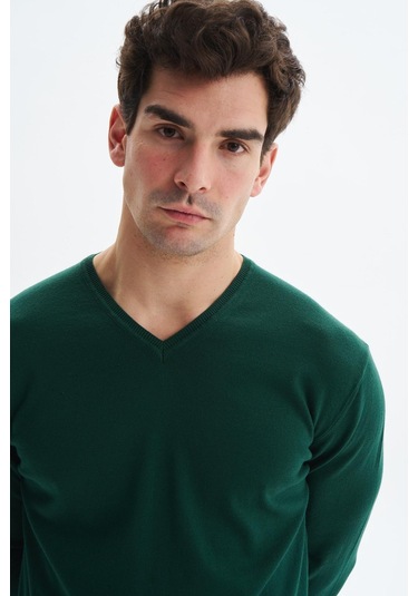 Arma Erkek Slim Fit Likralı Pamuklu Örme V Yaka Triko Kazak K0kro0854 Yeşil