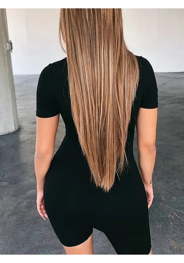 Leyla Sanat Sanata Yeni Bir Bakış Açısı Kadın Kısa Kollu Önü Fermuarlı Bodycon Dalgıç Tulum Siyah